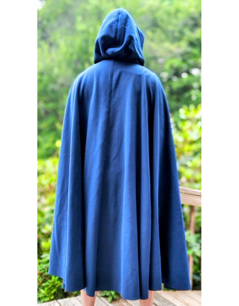 Cloakmakers.com 6093-Washable Blue Woven Wool Cloak w/ Black Velvet Hood Lining & Gothic Rose Clasp