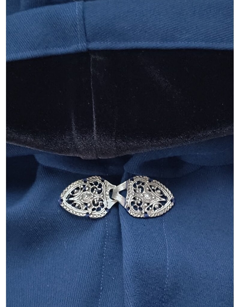 Cloakmakers.com 6093-Washable Blue Woven Wool Cloak w/ Black Velvet Hood Lining & Gothic Rose Clasp