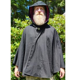 Cloakmakers.com 6095-Washable Black Woven Wool Short Cloak w/ Red Wine Velvet Hood Lining & Two Interior Pockets