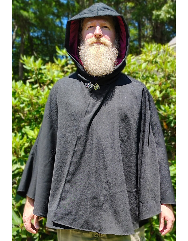 Cloakmakers.com 6095-Washable Black Woven Wool Short Cloak w/ Red Wine Velvet Hood Lining & Two Interior Pockets