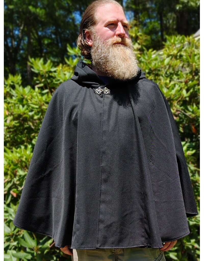 Cloakmakers.com 6095-Washable Black Woven Wool Short Cloak w/ Red Wine Velvet Hood Lining & Two Interior Pockets