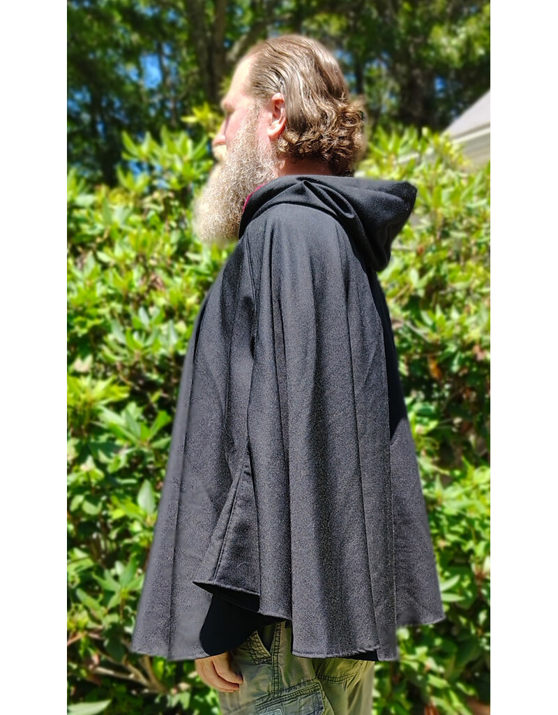 Cloakmakers.com 6095-Washable Black Woven Wool Short Cloak w/ Red Wine Velvet Hood Lining & Two Interior Pockets