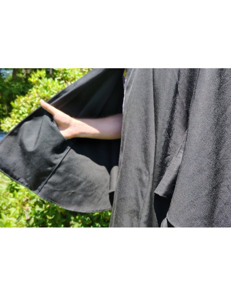 Cloakmakers.com 6095-Washable Black Woven Wool Short Cloak w/ Red Wine Velvet Hood Lining & Two Interior Pockets