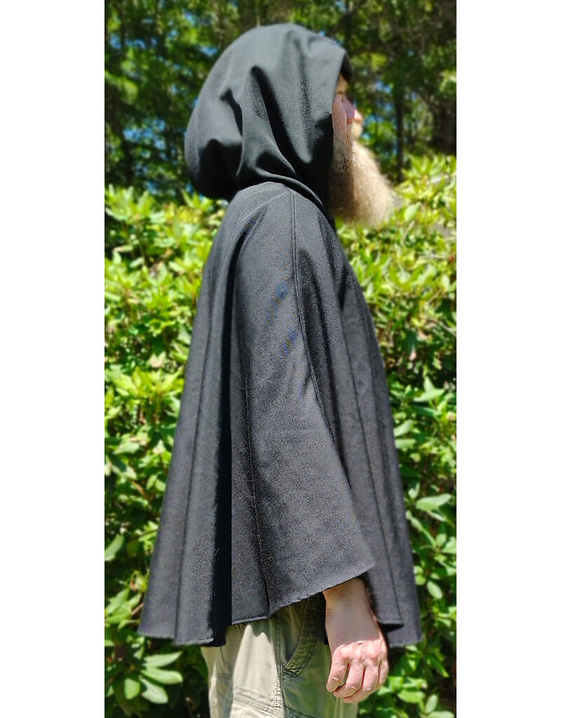 Cloakmakers.com 6095-Washable Black Woven Wool Short Cloak w/ Red Wine Velvet Hood Lining & Two Interior Pockets