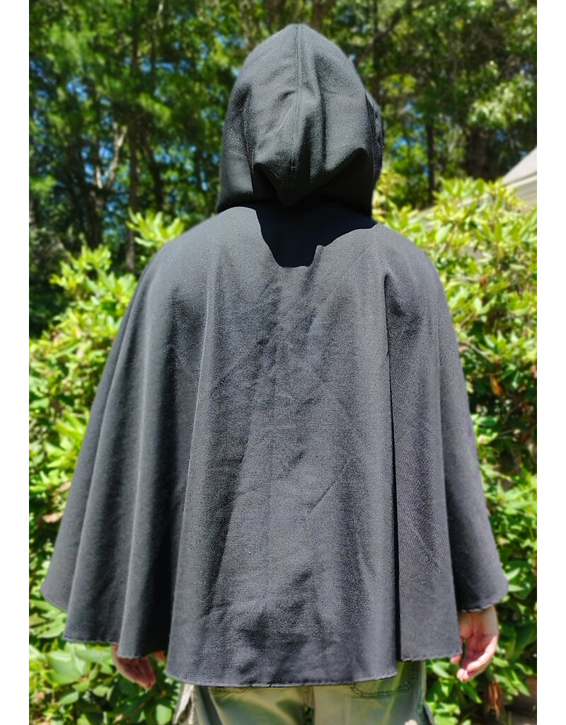 Cloakmakers.com 6095-Washable Black Woven Wool Short Cloak w/ Red Wine Velvet Hood Lining & Two Interior Pockets