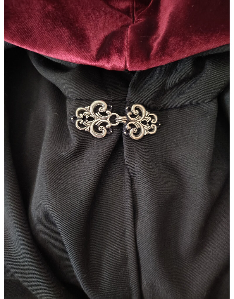 Cloakmakers.com 6095-Washable Black Woven Wool Short Cloak w/ Red Wine Velvet Hood Lining & Two Interior Pockets