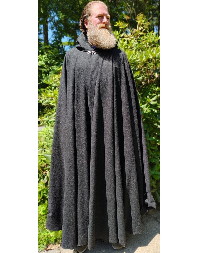 Cloakmakers.com 6097-Washable Long Lightweight Charcoal Wool Blend Cloak w/ Maroon Faux Suede Hood Lining & Silver Tone Clasp