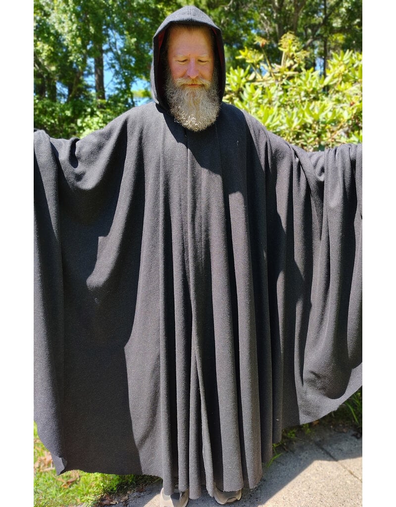 Cloakmakers.com 6097-Washable Long Lightweight Charcoal Wool Blend Cloak w/ Maroon Faux Suede Hood Lining & Silver Tone Clasp