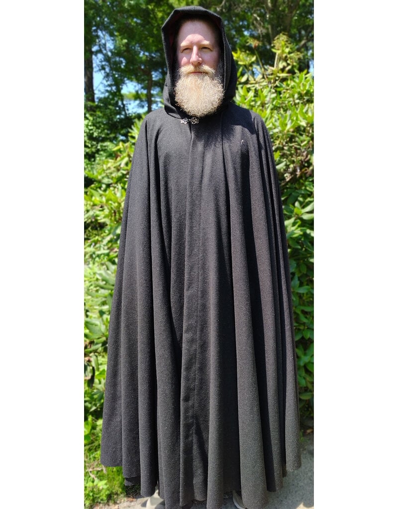 Cloakmakers.com 6097-Washable Long Lightweight Charcoal Wool Blend Cloak w/ Maroon Faux Suede Hood Lining & Silver Tone Clasp