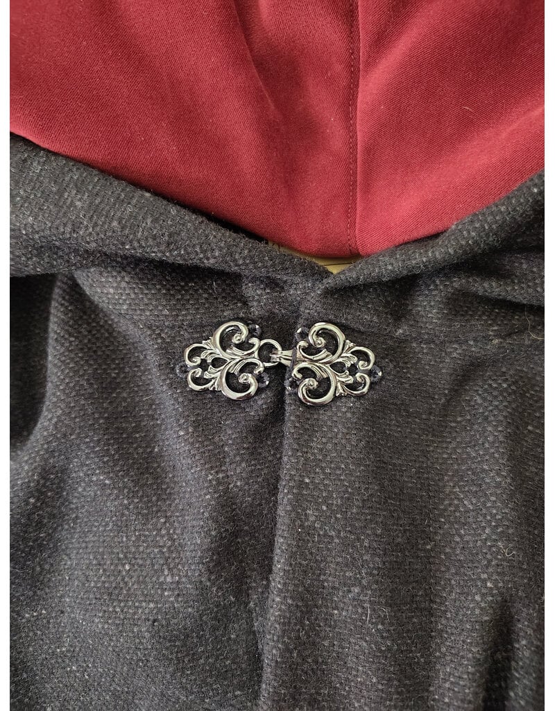 Cloakmakers.com 6097-Washable Long Lightweight Charcoal Wool Blend Cloak w/ Maroon Faux Suede Hood Lining & Silver Tone Clasp