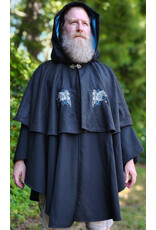 Cloakmakers.com 6098-Washable Black & Charcoal Wool Blend Mantle Cloak w/ Blue Velvet Hood Lining & Dual Wolf Embroidery Plus Pockets