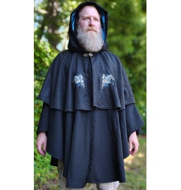 Cloakmakers.com 6098-Washable Black & Charcoal Wool Blend Mantle Cloak w/ Blue Velvet Hood Lining & Dual Wolf Embroidery Plus Pockets