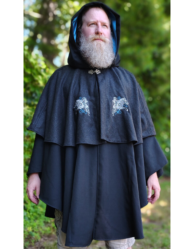 Cloakmakers.com 6098-Washable Black & Charcoal Wool Blend Mantle Cloak w/ Blue Velvet Hood Lining & Dual Wolf Embroidery Plus Pockets