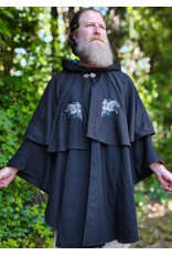 Cloakmakers.com 6098-Washable Black & Charcoal Wool Blend Mantle Cloak w/ Blue Velvet Hood Lining & Dual Wolf Embroidery Plus Pockets