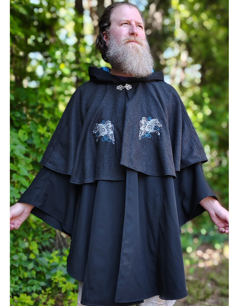 Cloakmakers.com 6098-Washable Black & Charcoal Wool Blend Mantle Cloak w/ Blue Velvet Hood Lining & Dual Wolf Embroidery Plus Pockets