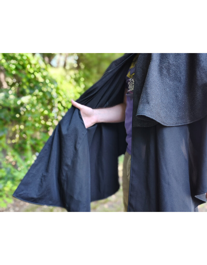 Cloakmakers.com 6098-Washable Black & Charcoal Wool Blend Mantle Cloak w/ Blue Velvet Hood Lining & Dual Wolf Embroidery Plus Pockets
