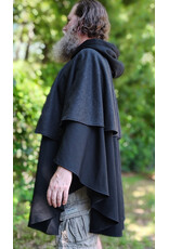 Cloakmakers.com 6098-Washable Black & Charcoal Wool Blend Mantle Cloak w/ Blue Velvet Hood Lining & Dual Wolf Embroidery Plus Pockets