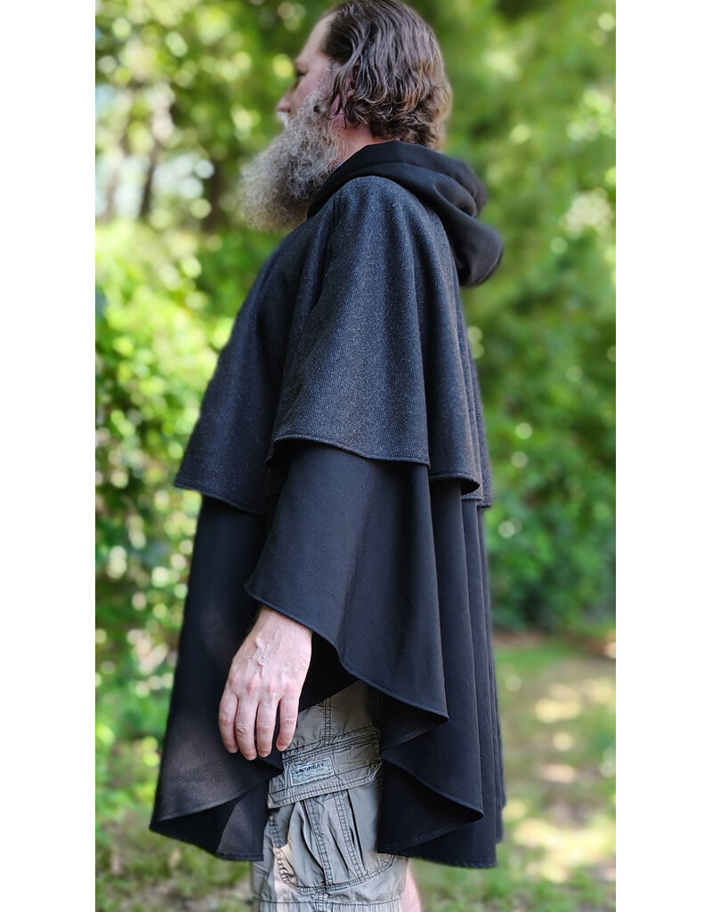 Cloakmakers.com 6098-Washable Black & Charcoal Wool Blend Mantle Cloak w/ Blue Velvet Hood Lining & Dual Wolf Embroidery Plus Pockets