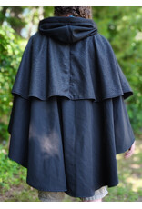 Cloakmakers.com 6098-Washable Black & Charcoal Wool Blend Mantle Cloak w/ Blue Velvet Hood Lining & Dual Wolf Embroidery Plus Pockets