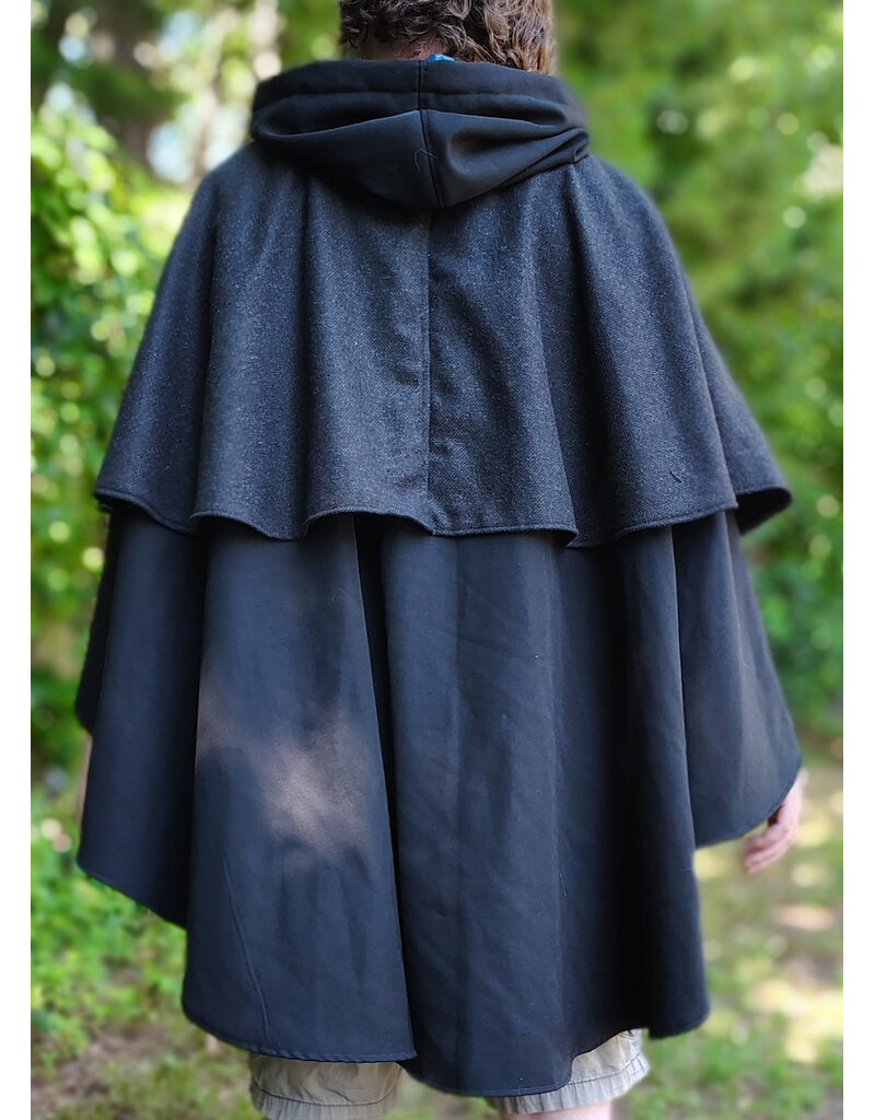 Cloakmakers.com 6098-Washable Black & Charcoal Wool Blend Mantle Cloak w/ Blue Velvet Hood Lining & Dual Wolf Embroidery Plus Pockets