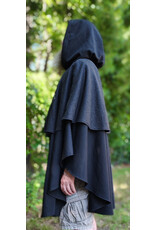 Cloakmakers.com 6098-Washable Black & Charcoal Wool Blend Mantle Cloak w/ Blue Velvet Hood Lining & Dual Wolf Embroidery Plus Pockets