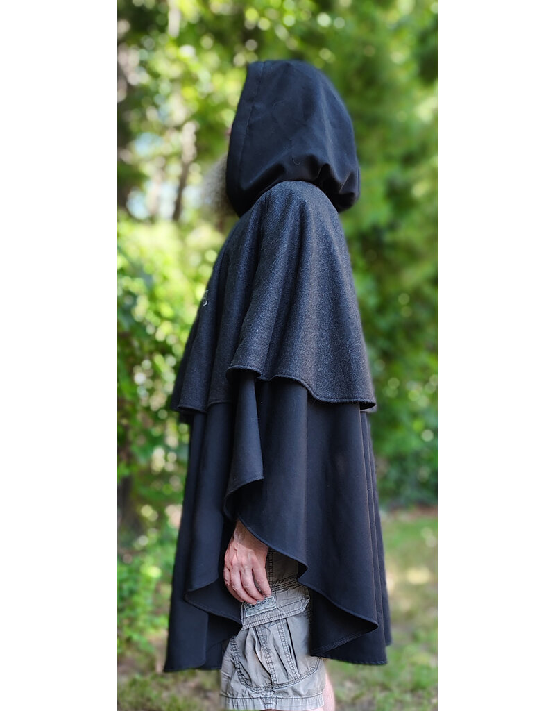 Cloakmakers.com 6098-Washable Black & Charcoal Wool Blend Mantle Cloak w/ Blue Velvet Hood Lining & Dual Wolf Embroidery Plus Pockets