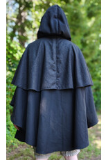 Cloakmakers.com 6098-Washable Black & Charcoal Wool Blend Mantle Cloak w/ Blue Velvet Hood Lining & Dual Wolf Embroidery Plus Pockets