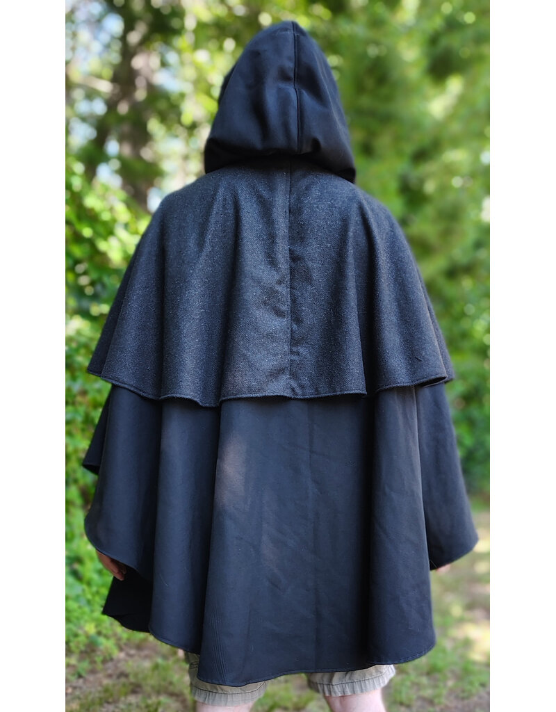 Cloakmakers.com 6098-Washable Black & Charcoal Wool Blend Mantle Cloak w/ Blue Velvet Hood Lining & Dual Wolf Embroidery Plus Pockets