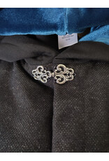 Cloakmakers.com 6098-Washable Black & Charcoal Wool Blend Mantle Cloak w/ Blue Velvet Hood Lining & Dual Wolf Embroidery Plus Pockets