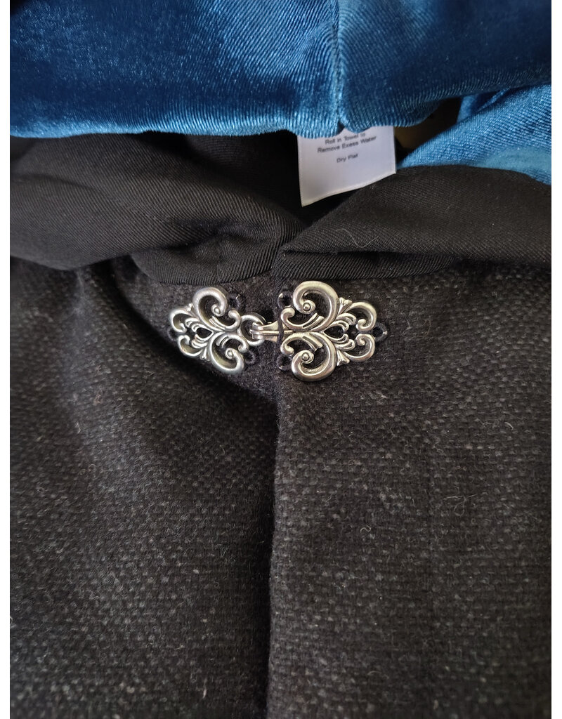 Cloakmakers.com 6098-Washable Black & Charcoal Wool Blend Mantle Cloak w/ Blue Velvet Hood Lining & Dual Wolf Embroidery Plus Pockets