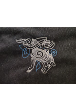Cloakmakers.com 6098-Washable Black & Charcoal Wool Blend Mantle Cloak w/ Blue Velvet Hood Lining & Dual Wolf Embroidery Plus Pockets