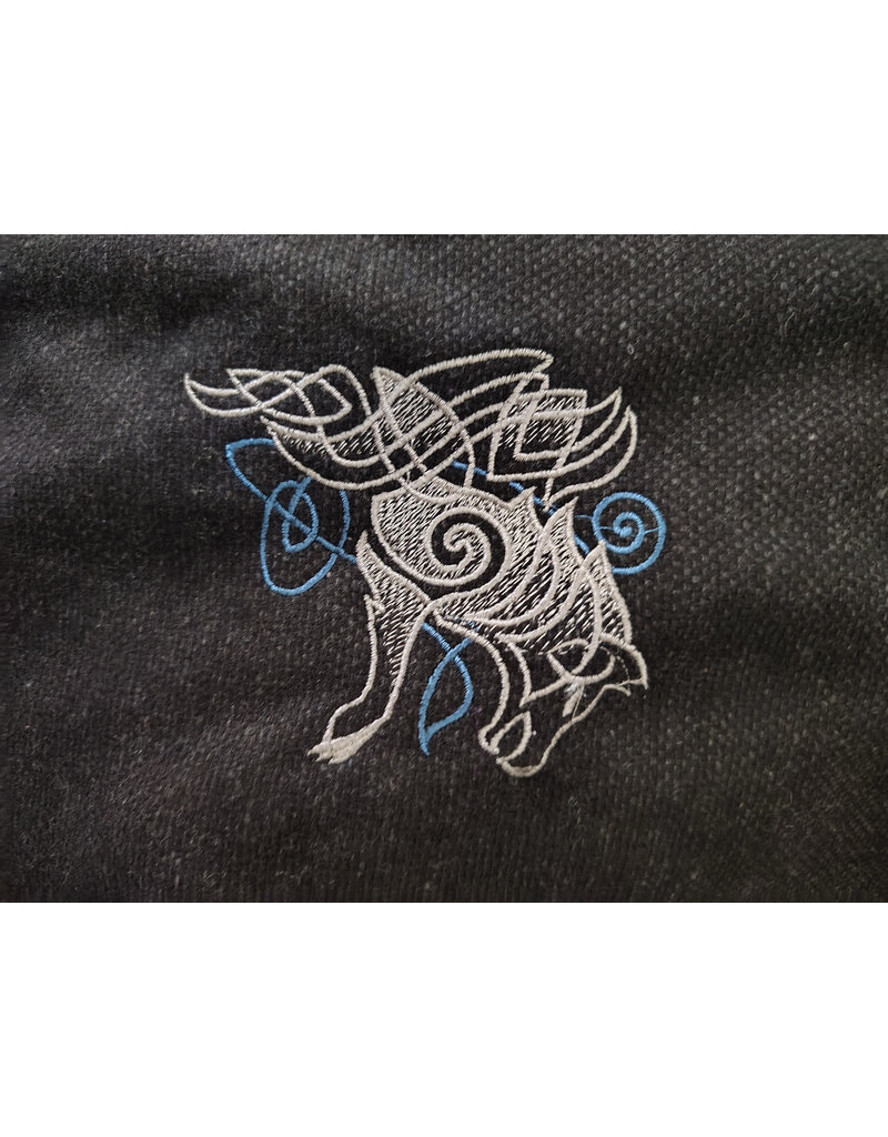 Cloakmakers.com 6098-Washable Black & Charcoal Wool Blend Mantle Cloak w/ Blue Velvet Hood Lining & Dual Wolf Embroidery Plus Pockets