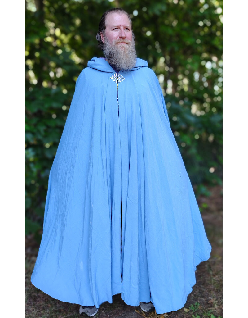 Cloakmakers.com 6099-Washable Summerweight Periwinkle Wool Blend Cloak w/ Purple Velvet Hood Lining & Celtic Triquetra Knot Clasp