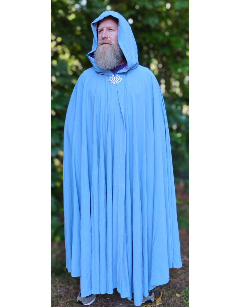 Cloakmakers.com 6099-Washable Summerweight Periwinkle Wool Blend Cloak w/ Purple Velvet Hood Lining & Celtic Triquetra Knot Clasp