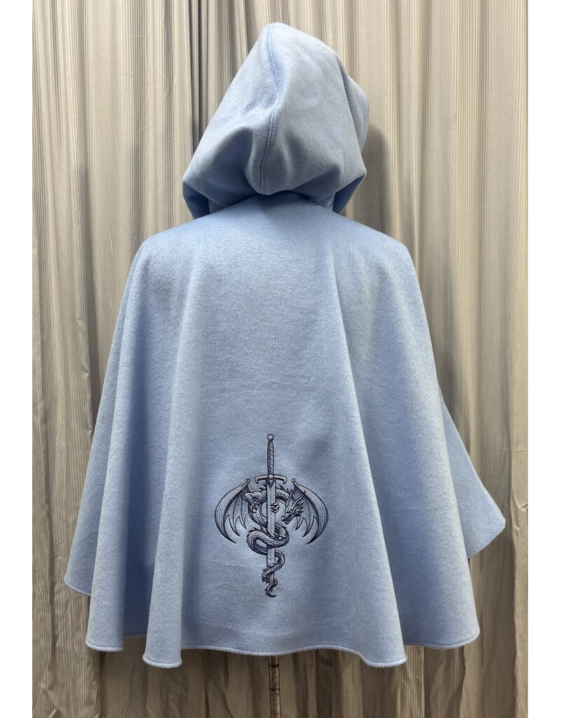 Cloakmakers.com 5573-Washable Light Blue Wool Blend Cloak w/Blue Hood Lining, Pockets, and Dragon Embroidery