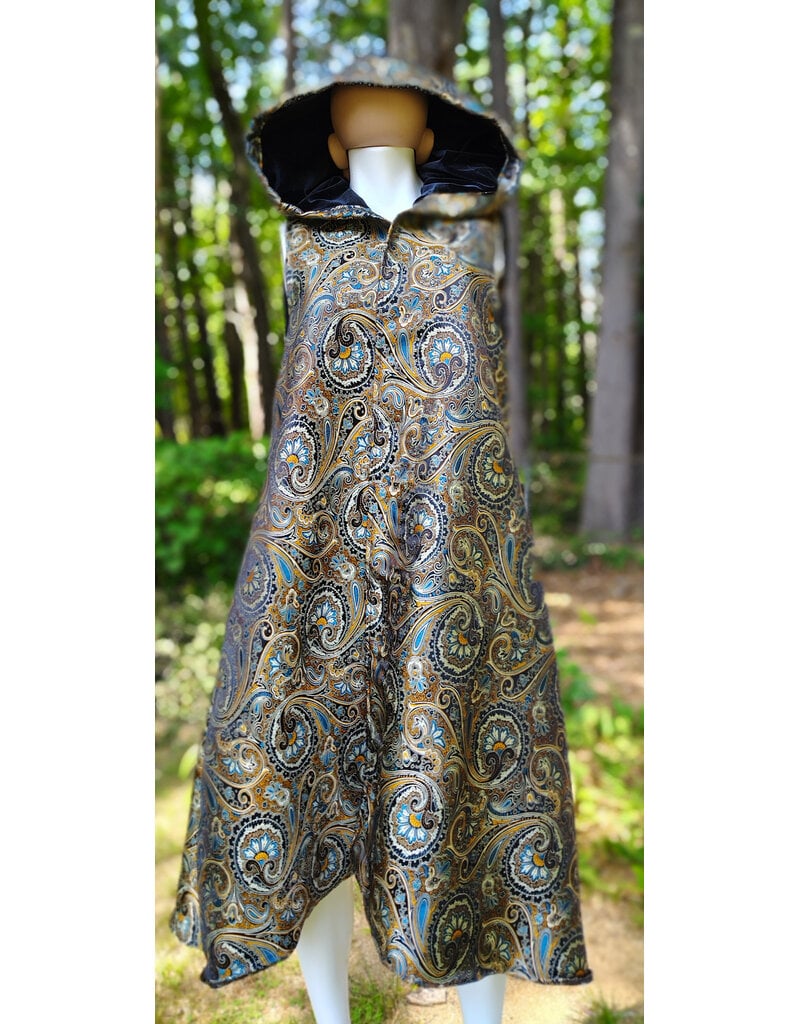 Cloakmakers.com J928-Washable Black, Copper, & Blue Paisley Vest w/ Black Velvet Hood Lining & Two Pockets