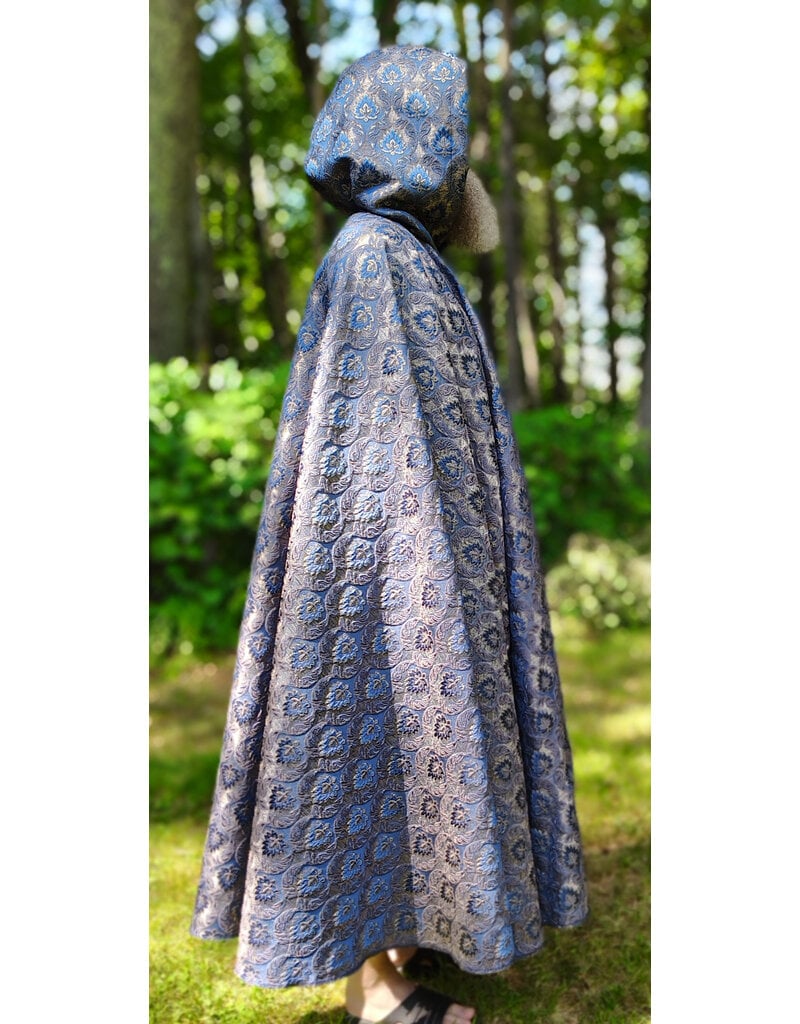 Cloakmakers.com 6101-Washable Blue & Gold Brocade Cloak w/ Light Gold Velvet Hood Lining & Gold Tone Clasp