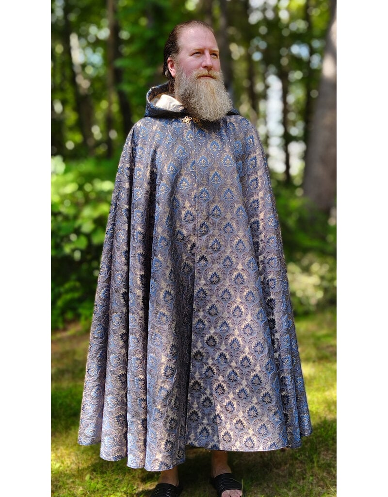 Cloakmakers.com 6101-Washable Blue & Gold Brocade Cloak w/ Light Gold Velvet Hood Lining & Gold Tone Clasp