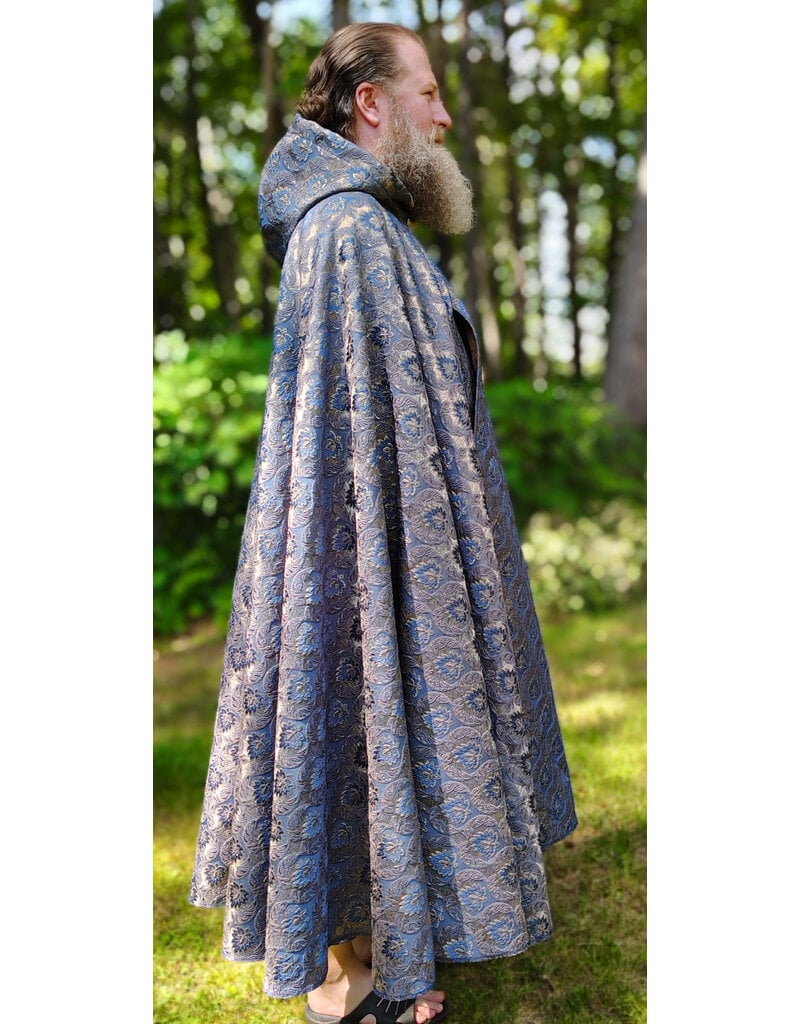 Cloakmakers.com 6101-Washable Blue & Gold Brocade Cloak w/ Light Gold Velvet Hood Lining & Gold Tone Clasp