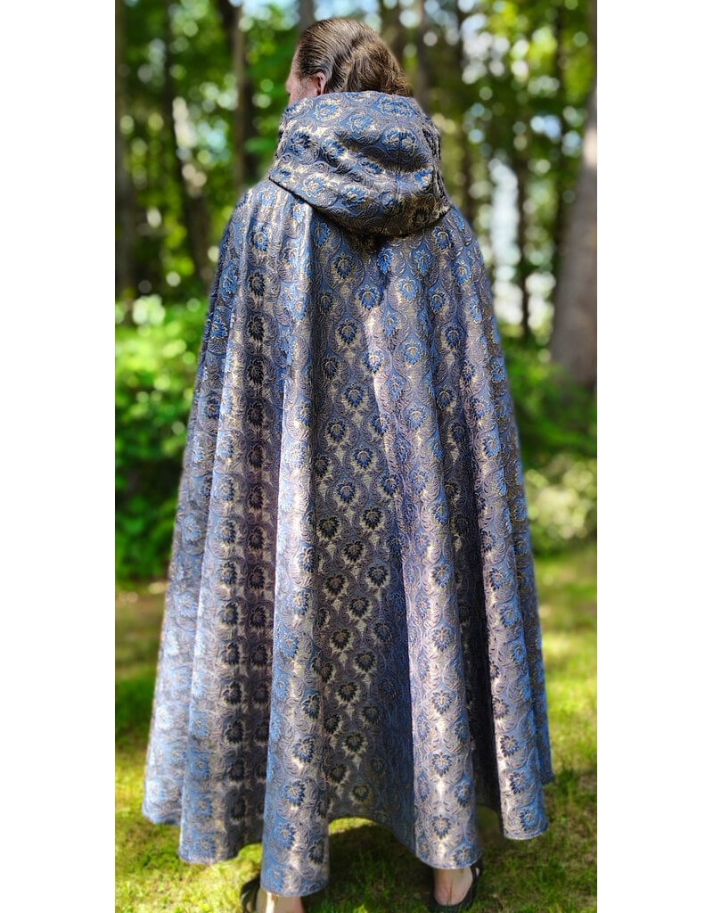 Cloakmakers.com 6101-Washable Blue & Gold Brocade Cloak w/ Light Gold Velvet Hood Lining & Gold Tone Clasp