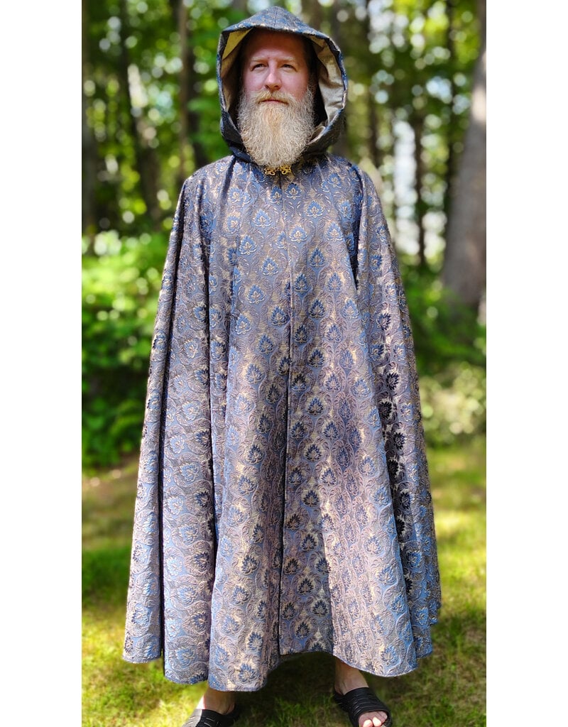Cloakmakers.com 6101-Washable Blue & Gold Brocade Cloak w/ Light Gold Velvet Hood Lining & Gold Tone Clasp