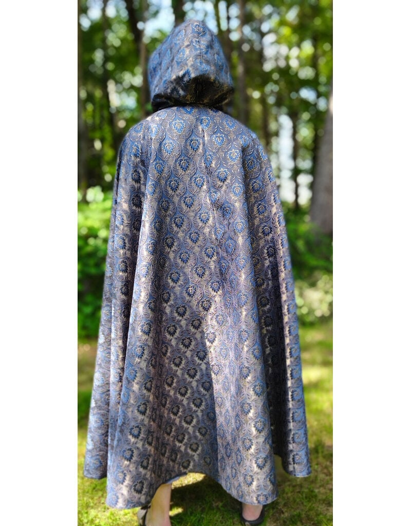 Cloakmakers.com 6101-Washable Blue & Gold Brocade Cloak w/ Light Gold Velvet Hood Lining & Gold Tone Clasp