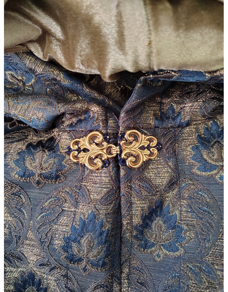 Cloakmakers.com 6101-Washable Blue & Gold Brocade Cloak w/ Light Gold Velvet Hood Lining & Gold Tone Clasp