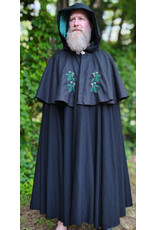 Cloakmakers.com 6102-Washable Black & Charcoal Wool Blend Mantle Cloak w/ Green Velvet Hood Lining & Acorn Oak Leaf Embroidery