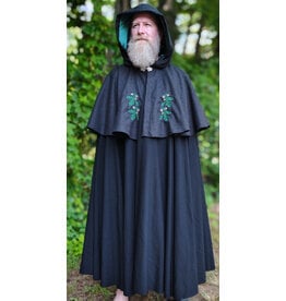 Cloakmakers.com 6102-Washable Black & Charcoal Wool Blend Mantle Cloak w/ Green Velvet Hood Lining & Acorn Oak Leaf Embroidery