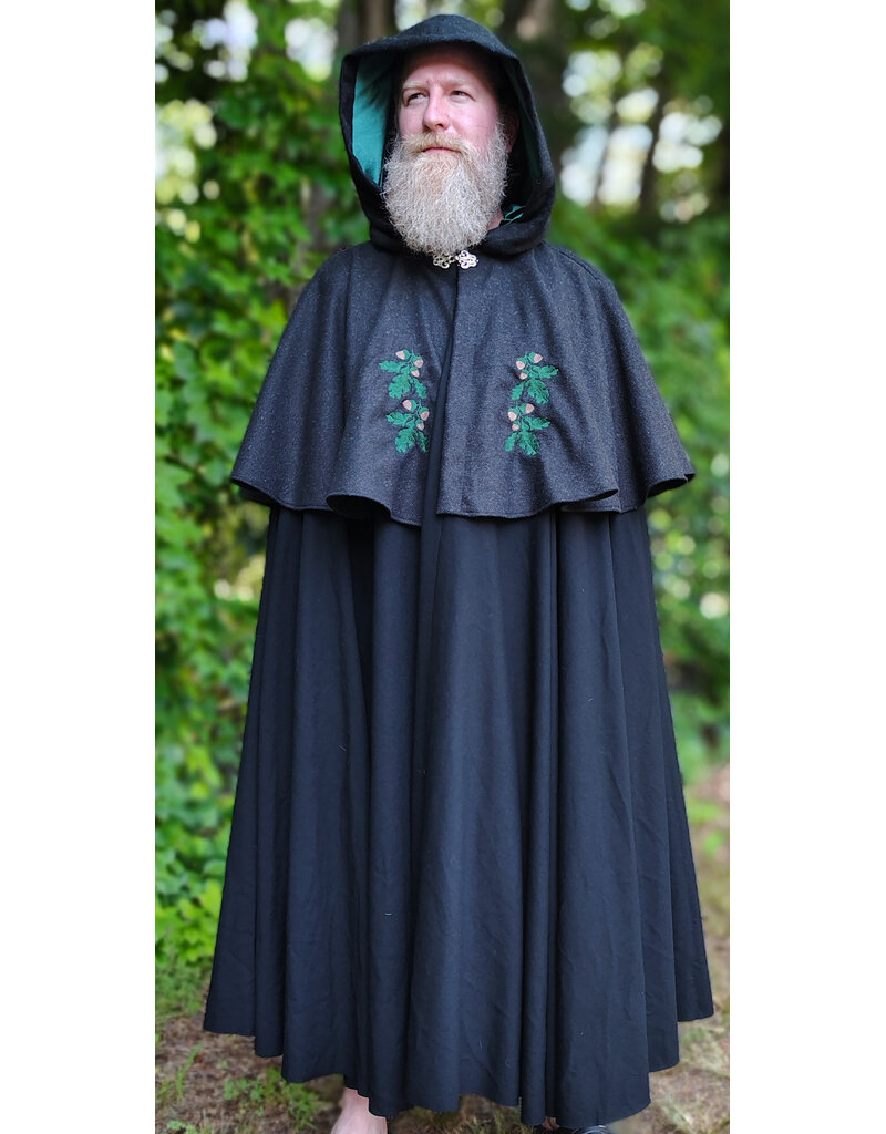 Cloakmakers.com 6102-Washable Black & Charcoal Wool Blend Mantle Cloak w/ Green Velvet Hood Lining & Acorn Oak Leaf Embroidery