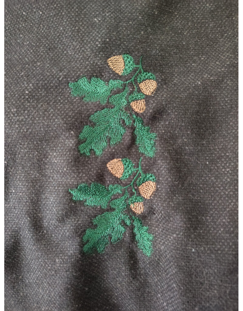 Cloakmakers.com 6102-Washable Black & Charcoal Wool Blend Mantle Cloak w/ Green Velvet Hood Lining & Acorn Oak Leaf Embroidery