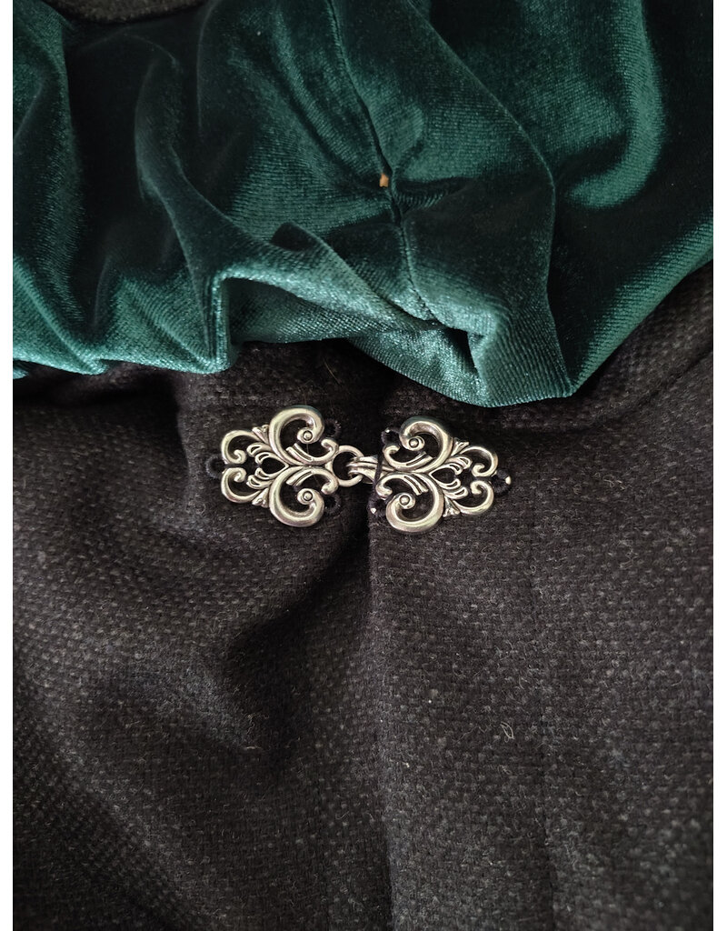 Cloakmakers.com 6102-Washable Black & Charcoal Wool Blend Mantle Cloak w/ Green Velvet Hood Lining & Acorn Oak Leaf Embroidery