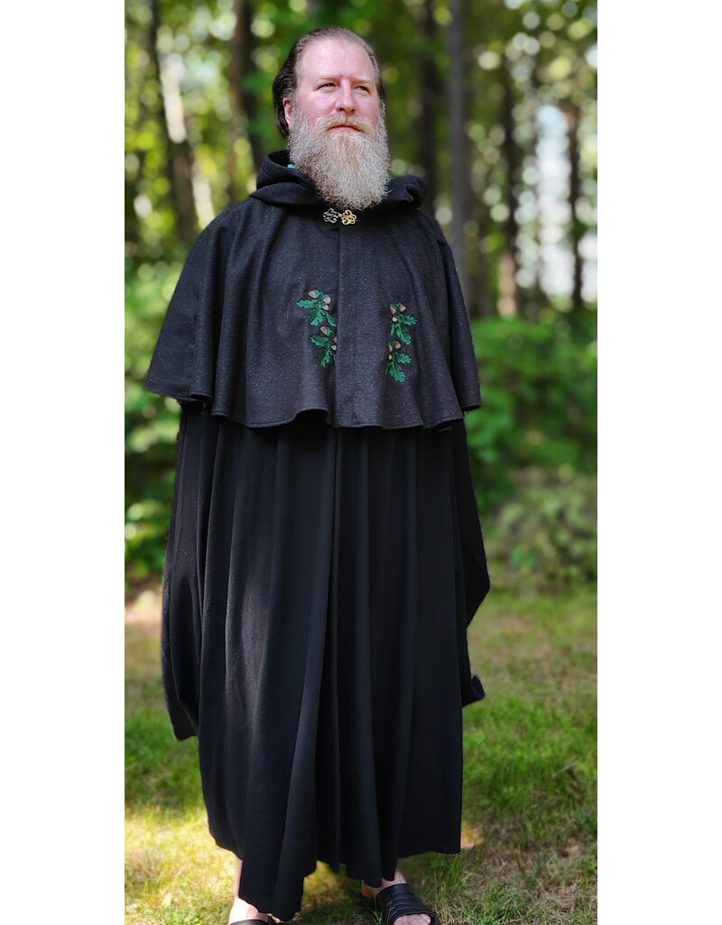 Cloakmakers.com 6102-Washable Black & Charcoal Wool Blend Mantle Cloak w/ Green Velvet Hood Lining & Acorn Oak Leaf Embroidery