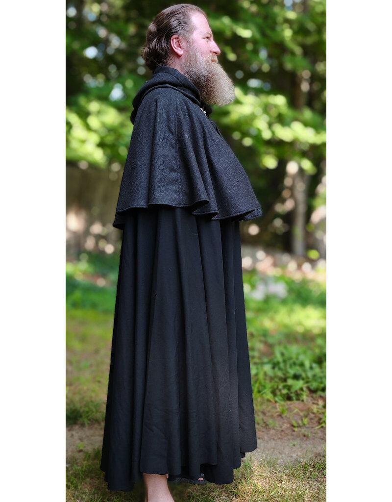 Cloakmakers.com 6102-Washable Black & Charcoal Wool Blend Mantle Cloak w/ Green Velvet Hood Lining & Acorn Oak Leaf Embroidery